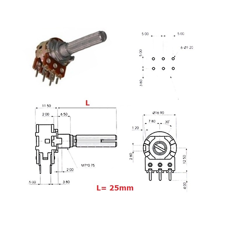 ECC 16mm 250KAx2, potenziometro STEREO LOG 41 MICROSCATTI  (4A1, L: 25mm)
