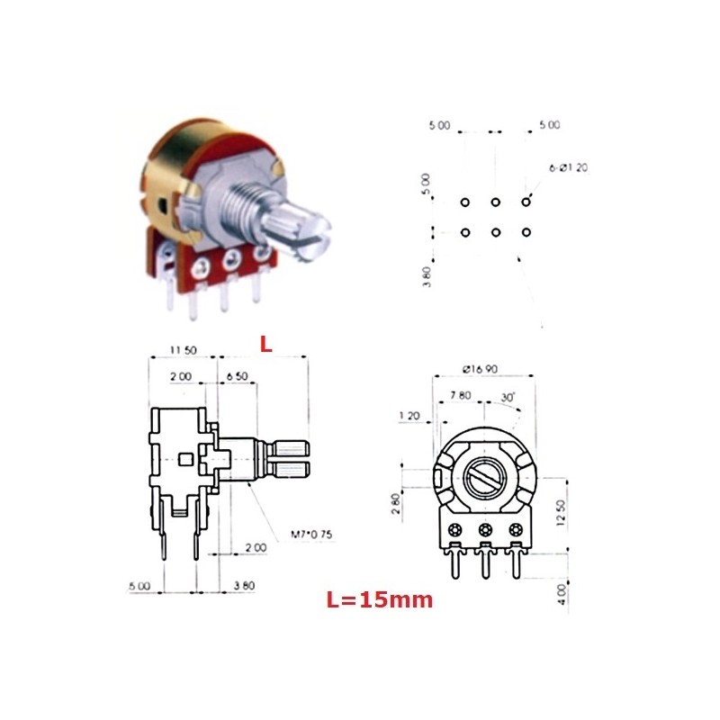 ECC 16mm 50KAx2, potenziometro logaritmico STEREO (2A1, L: 15mm)