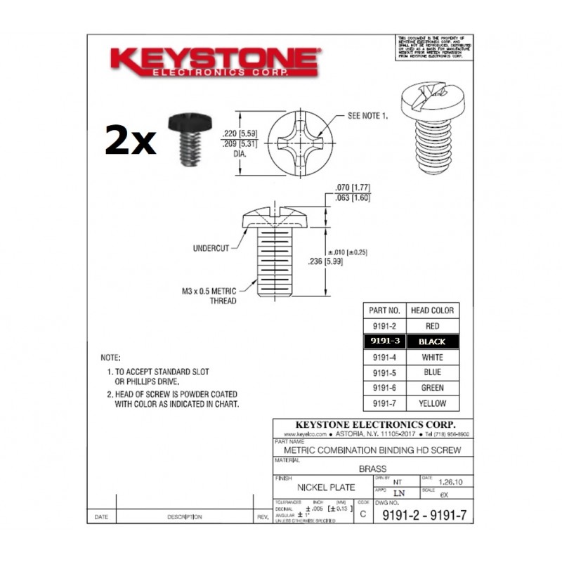 2x Keystone 9191-3, vite in ottone NERA, M3x0.5, L: 6mm