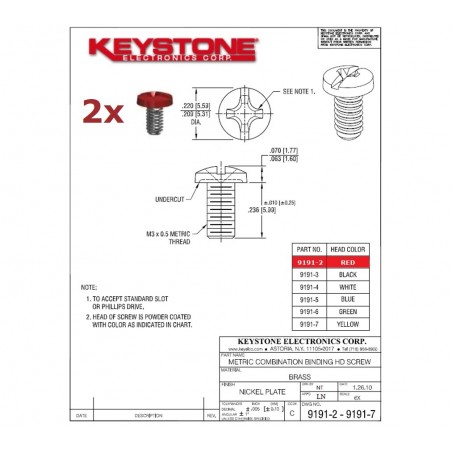 2x Keystone 9191-2, RED brass screw, M3x0.5, L: 6mm