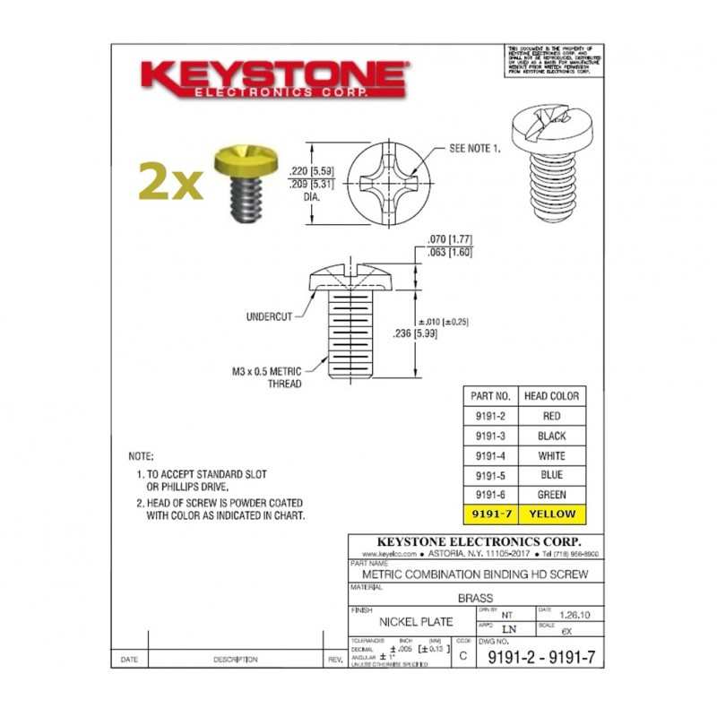 2x Keystone 9191-7, vite in ottone GIALLA, M3x0.5, L: 6mm