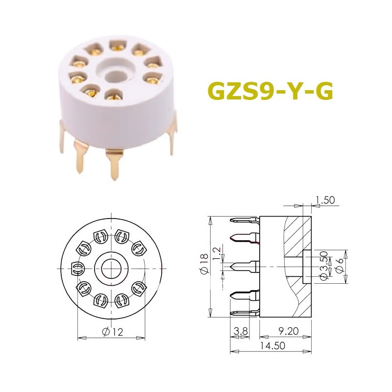 Zoccolo GZS9-Y-G, noval in plastica GOLD pins da stampato/PCB