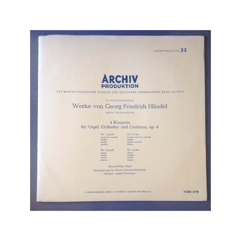 Händel: 4 Konzerte Für Orgel, Orchester Und Continuo, Op. 4, Eduard Müller, August Wenzinger, LP mono, Archiv 14085-APM