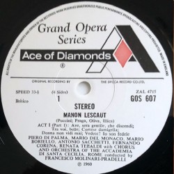 Puccini: Manon Lescaut, del Monaco, Tebaldi, Corena, Orch. Santa Cecilia, Molinari-Pradelli, 2x LP, Ace of Diamonds GOS-607/8