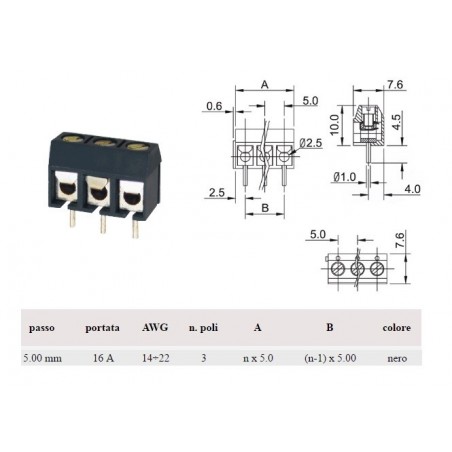 Morsettiera per PCB a tre vie