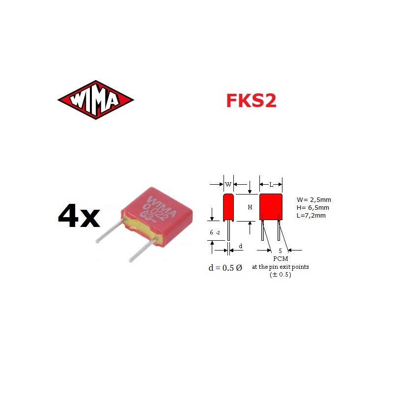 4x Wima FKS2 0,001uF/100V, polyester radial capacitor p: 5, (102)