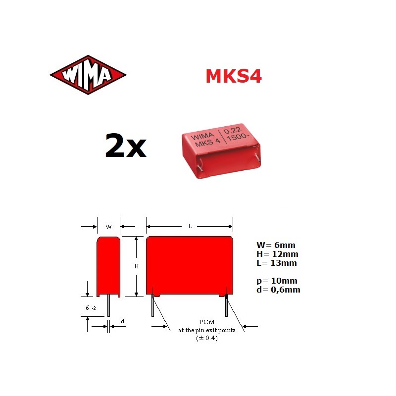 2x Wima MKS4 0,047uF/630V, polyester capacitor p: 10, (473)