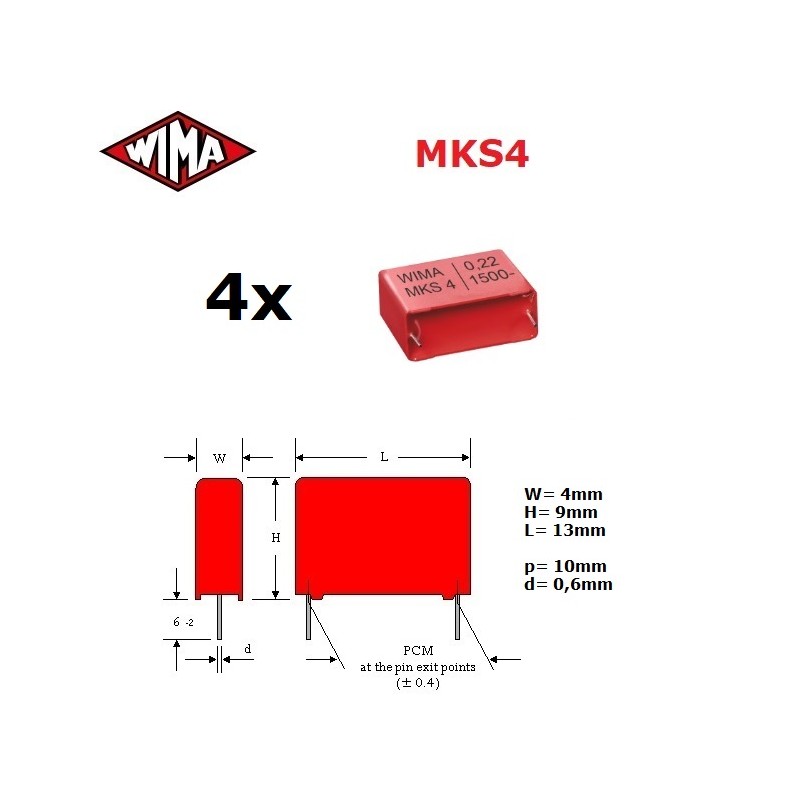 4x Wima MKS4 0,047uF/400V, polyester capacitor p: 10, (473)