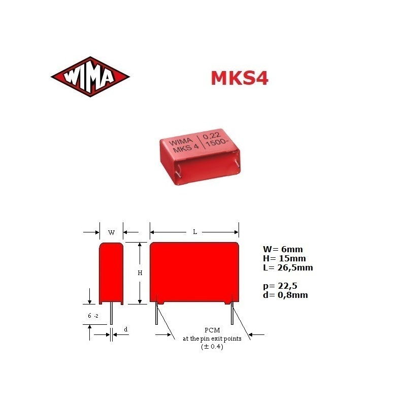 Wima MKS4 0,47uF/400V, condensatore poliestere p: 22,5, (474)