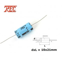 Trec 100uF/63V axial electrolytic capacitor, DxL 10x21mm