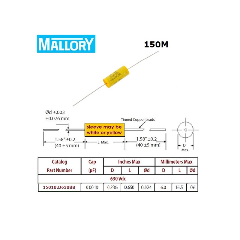 Mallory '150', 0,001uF/630V 5% condensatore poliestere assiale 150102J630BB