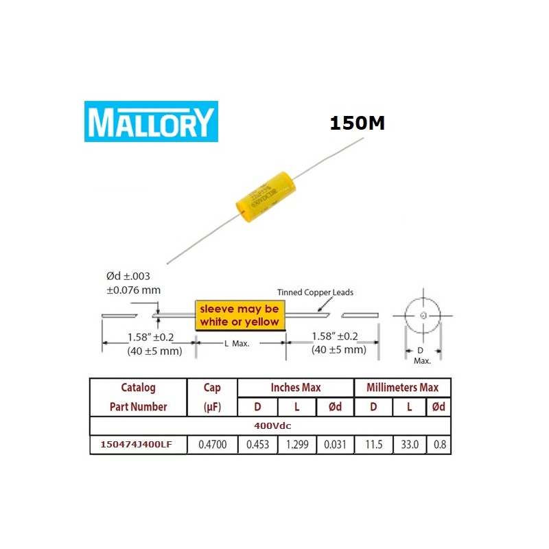 Mallory '150', 0,47uF/400V 5% axial polyester capacitor 150474J400LF