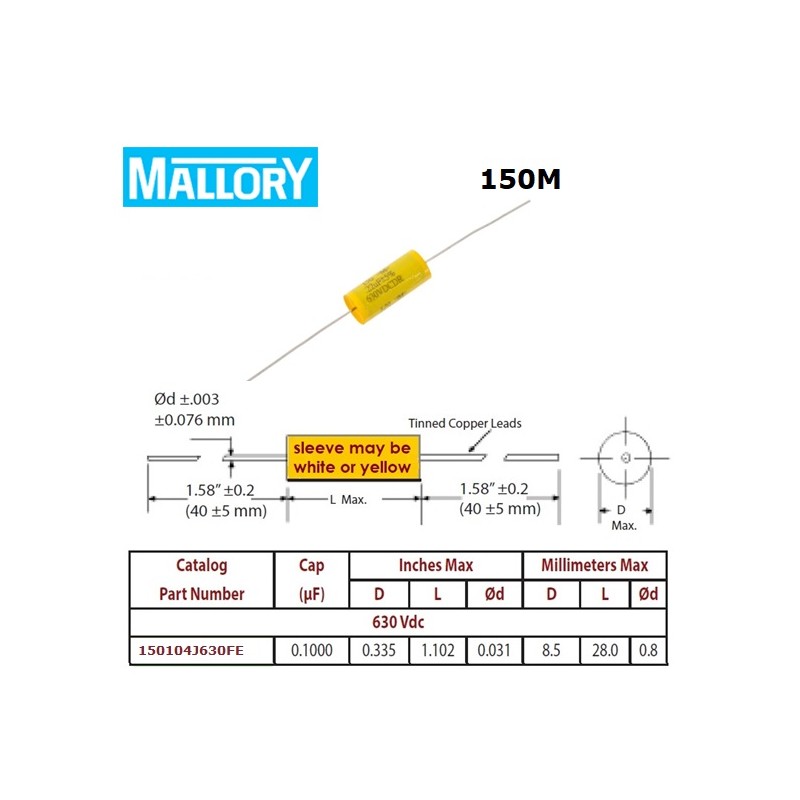Mallory '150', 0,1uF/630V 5% condensatore poliestere assiale 150104J630FE