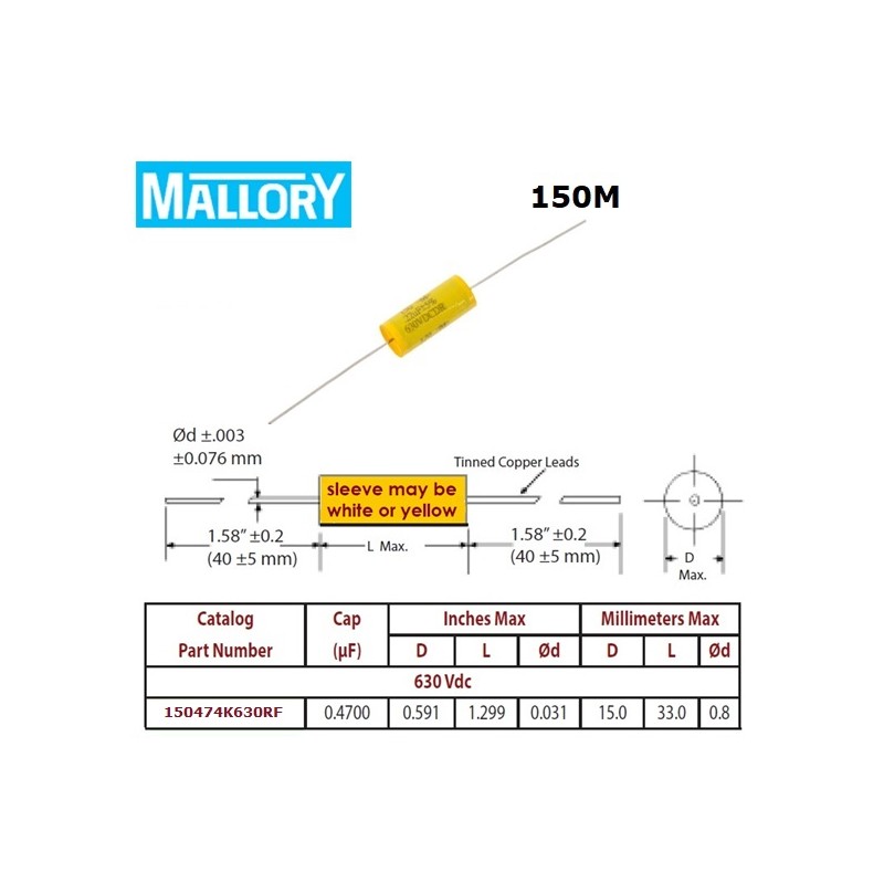 Mallory '150', 0,47uF/630V 10% condensatore poliestere assiale 150474K630RF
