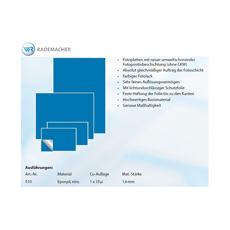 Rademacher 510-2, basetta 75x100mm FEPCU 1,5mm presensibilizzata positiva SF, Cu 35µm