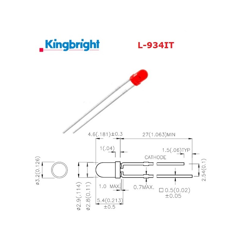 Kingbright L-934IT, LED 3mm ROSSO trasparente, alta efficienza