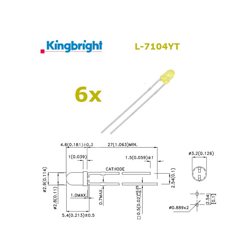6x Kingbright L-7104YT, transparent YELLOW 3mm LED