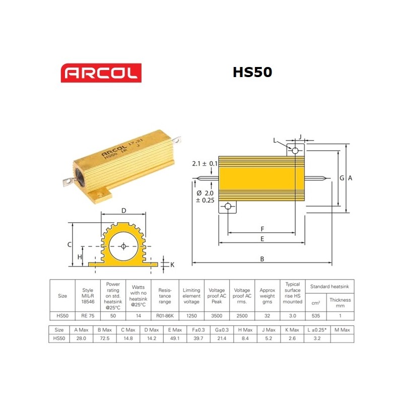Arcol HS 50W, 0,15 ohm (0R15), resistenza per dissipatore HS50-0R15J