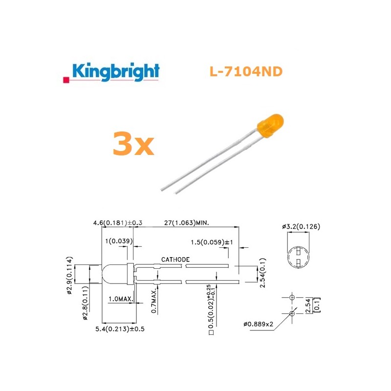 3x Kingbright L-7104ND, ORANGE 3mm LED