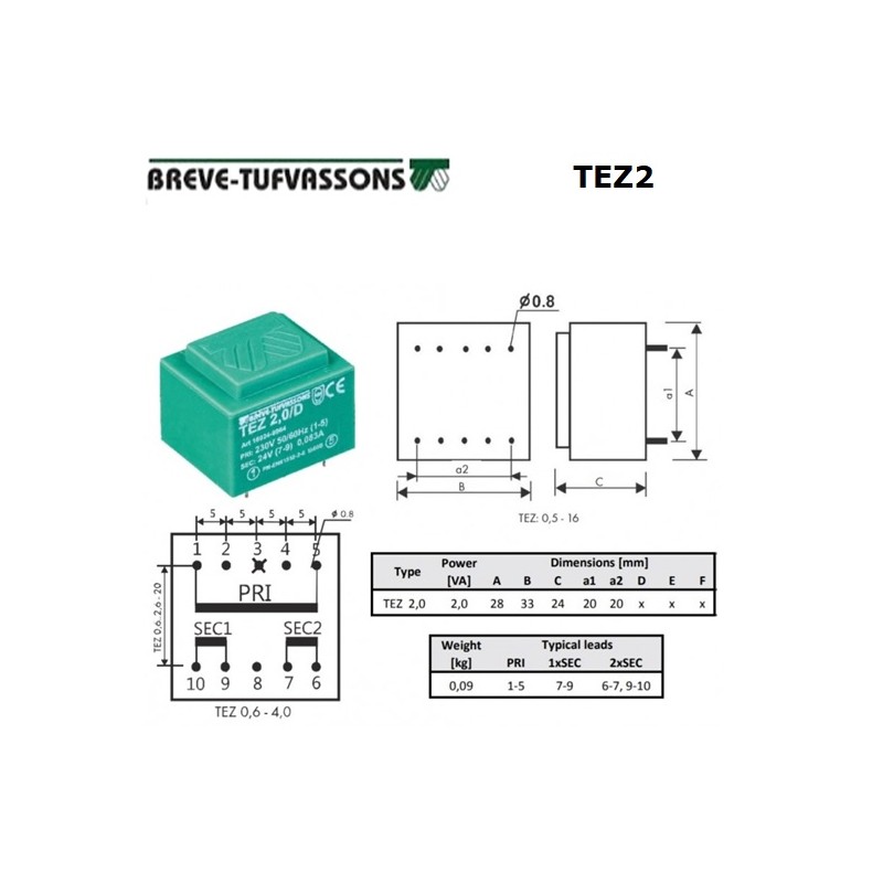 Breve Tufvassons TEZ2/D230/15-15V, trasformatore da PCB 15+15V, 2VA