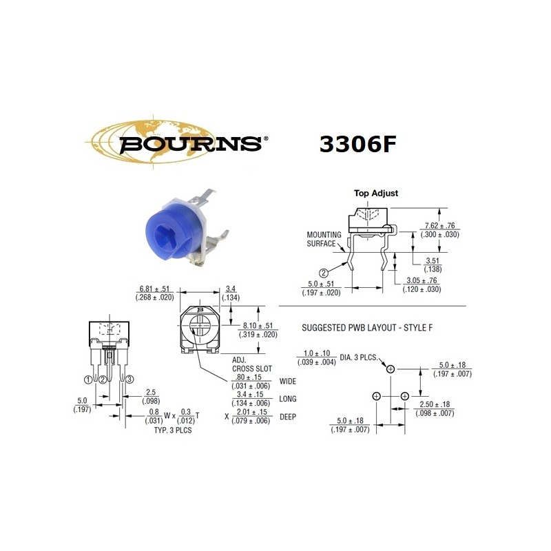 Bourns 3306F 100R, trimmer a regolazione verticale, 3306F-1-101
