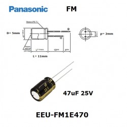 Panasonic FM 47uF 25V, condensatore elettrolitico radiale, EEU-FM1E470
