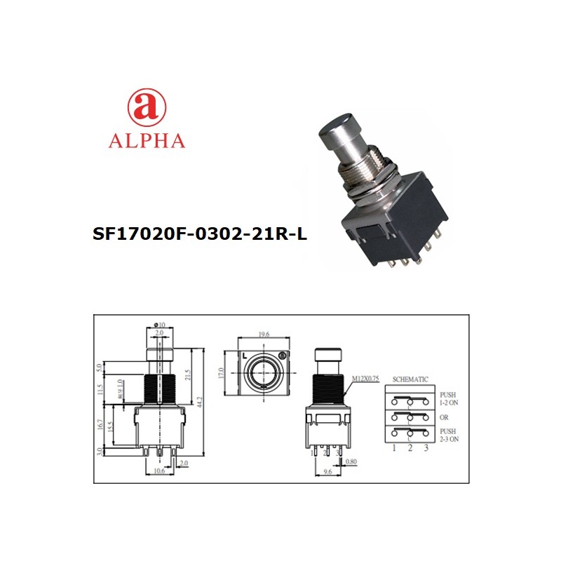 Alpha 3PDT NERO, interruttore TOP QUALITY a pressione, pin a saldare, SF17020F-0302-21R-L