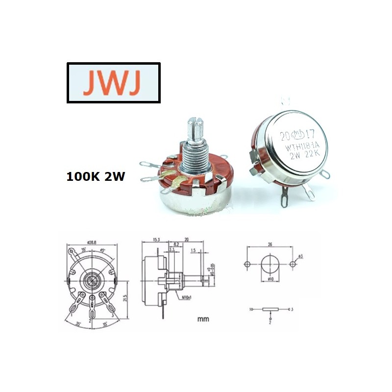 JWJ potenziometro 100KB, lineare 2W a filo, perno pieno WTH118-1A