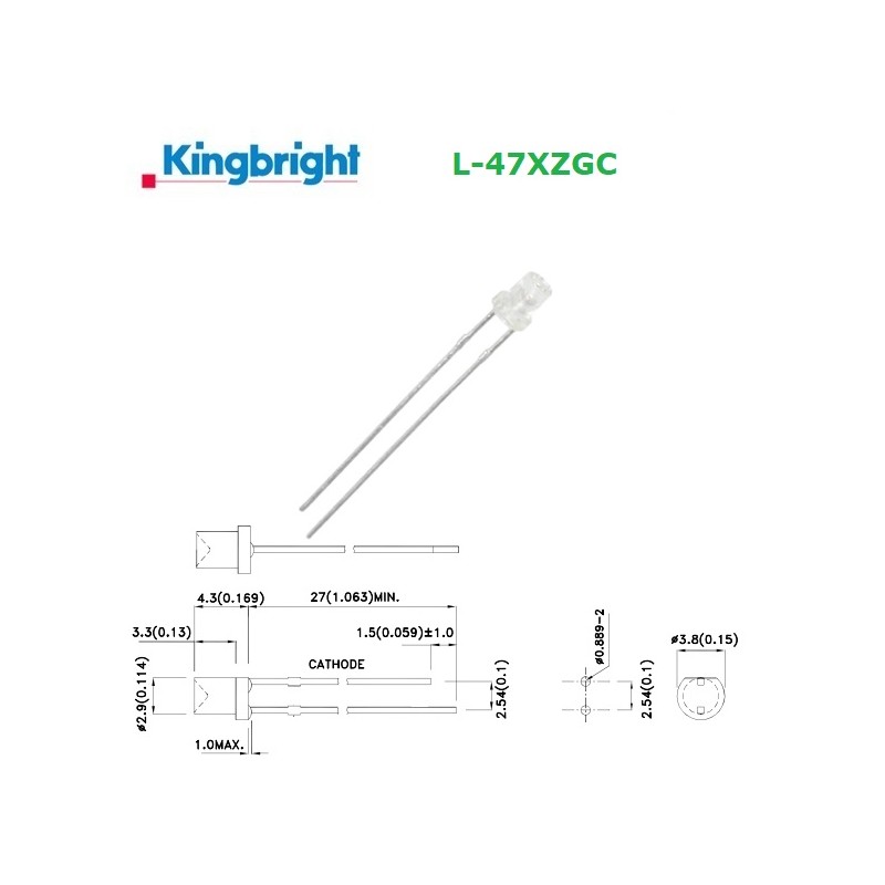 Kingbright L-47XZGC, LED 3mm VERDE, frontale concavo