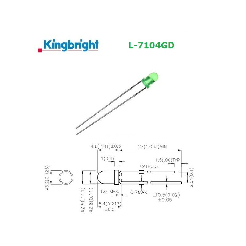 Kingbright L-7104GD, LED 3mm VERDE