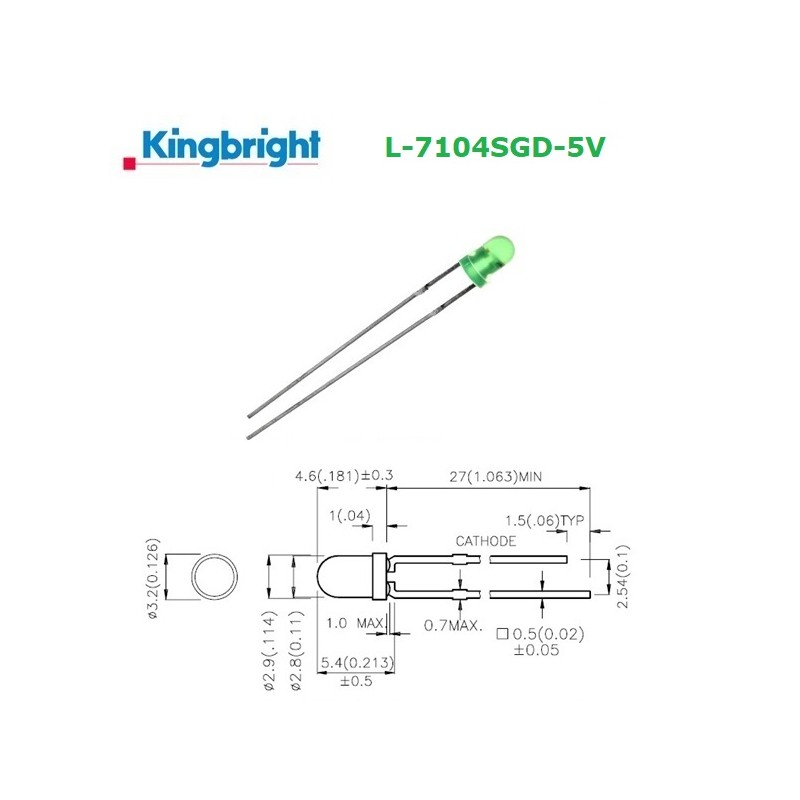 Kingbright L-7104SGD-5V, GREEN 3mm LED