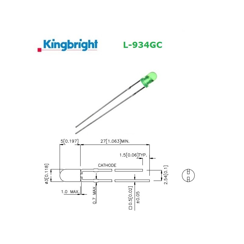 Kingbright L-934GC, LED 3mm VERDE