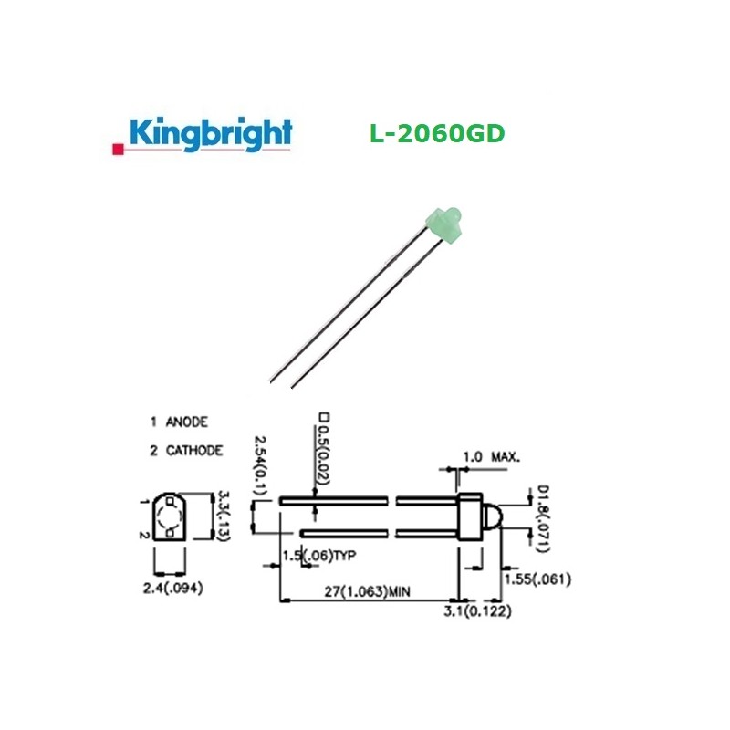 Kingbright L-2060GD, GREEN 1,8mm LED