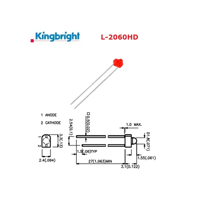 Kingbright L-2060HD, LED 1,8mm ROSSO