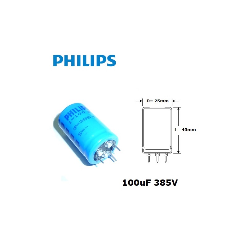 Philips 100uF 385V, condensatore elettrolitico snap-in, ø25x40mm
