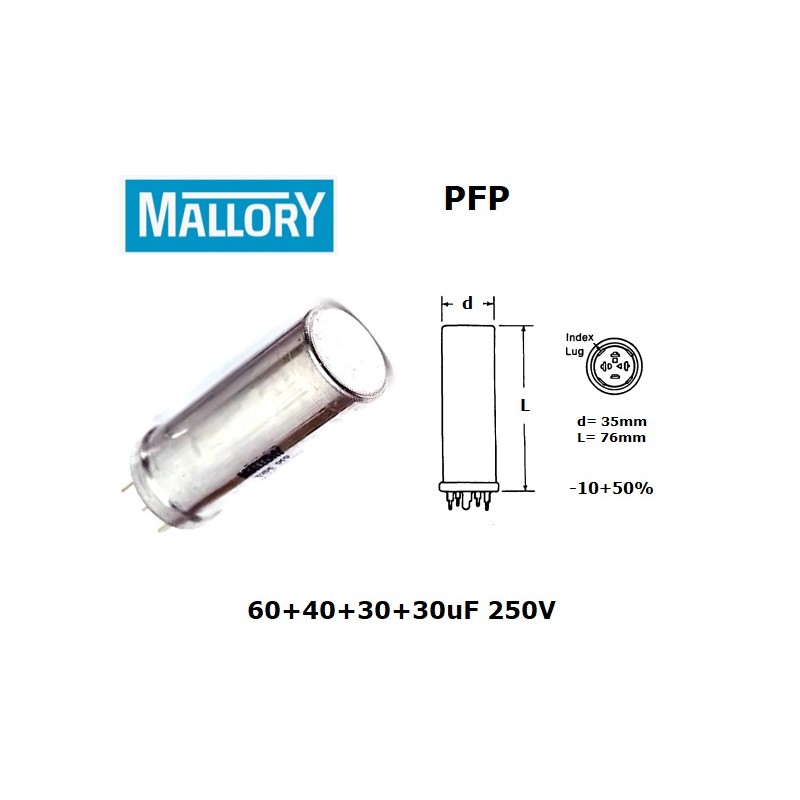 Mallory PFP 60+40+30+30uF 250V, condensatore elettrolitico multiplo, -10+50%
