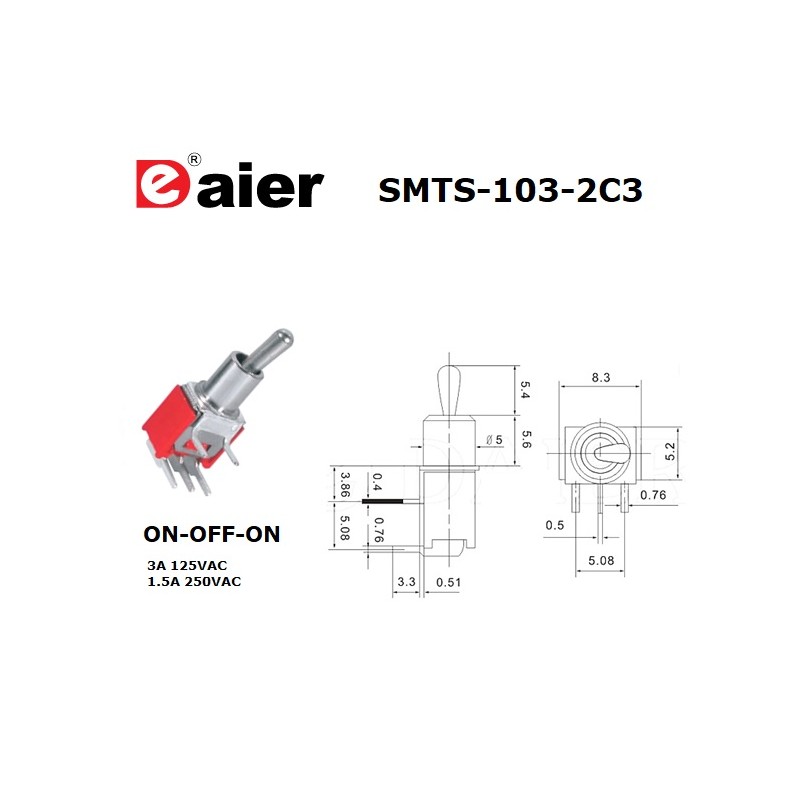 Daier SMTS-103-2C3, interruttore SUB-miniatura ON-OFF-ON a levetta, pin da PCB