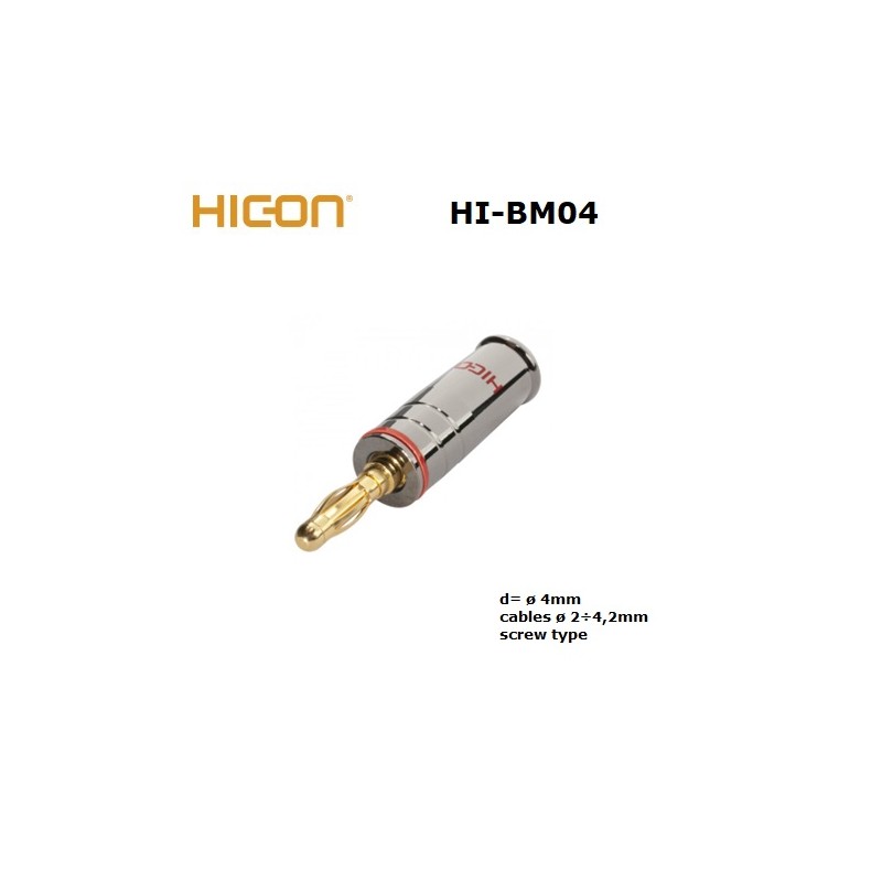 Hicon HI-BM04-RED, banana plug 4mm cromata, ROSSA, contatti dorati