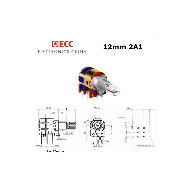 ECC 12mm 50KB, LIN mono potentiometer + switch (2A1, L: 15mm)