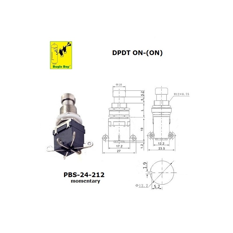 Bugle Boy PBS-24-212, DPDT MOMENTARY pushbutton switch, ON-(ON), solder lugs
