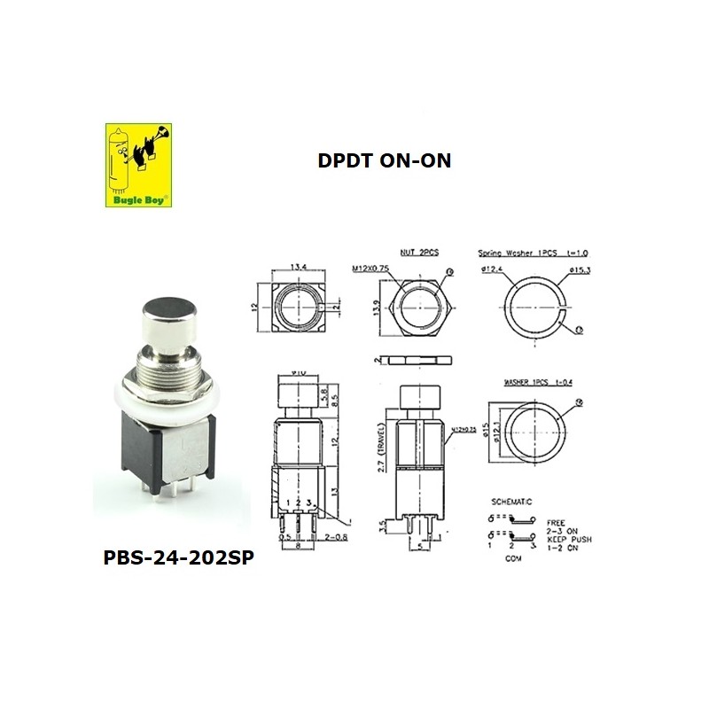 Bugle Boy PBS-24-202SP, pushbutton DPDT switch (2PDT), ON-ON, PCB pins