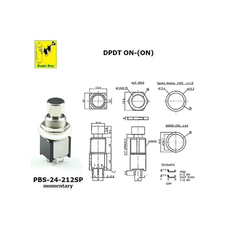 Bugle Boy PBS-24-212SP interruttore DPDT a pressione MOMENTANEO ON-(ON), pin da PCB