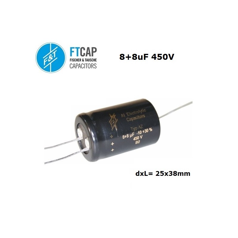 Fischer & Tausche 8+8uF/450V, condensatore assiale elettrolitico doppio 25x38mm