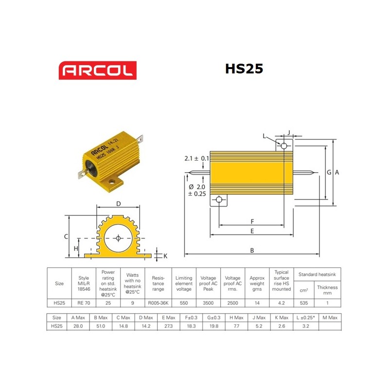 Arcol HS 25W, 220 ohm, resistenza per dissipatore HS25-220RJ