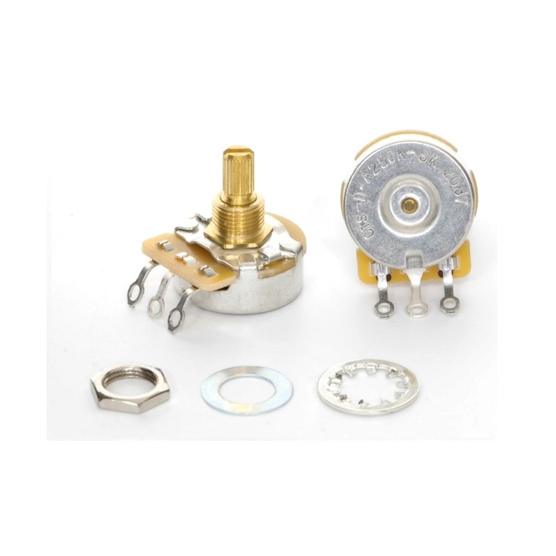 CTS 250KA, 30% LOG potentiometer for GUITAR, "dimple", short 3/8" bushing, knurled 24 teeth shaft