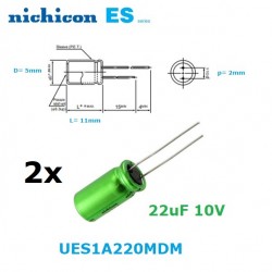 2x Nichicon Muse ES 22uF 10V, condensatore elettrolitico bipolare, UES1A220MDM