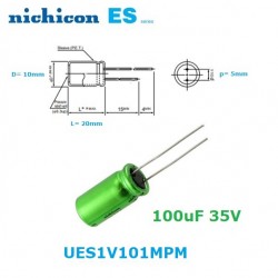 Nichicon Muse ES 100uF 35V, condensatore elettrolitico bipolare UES1V101MPM