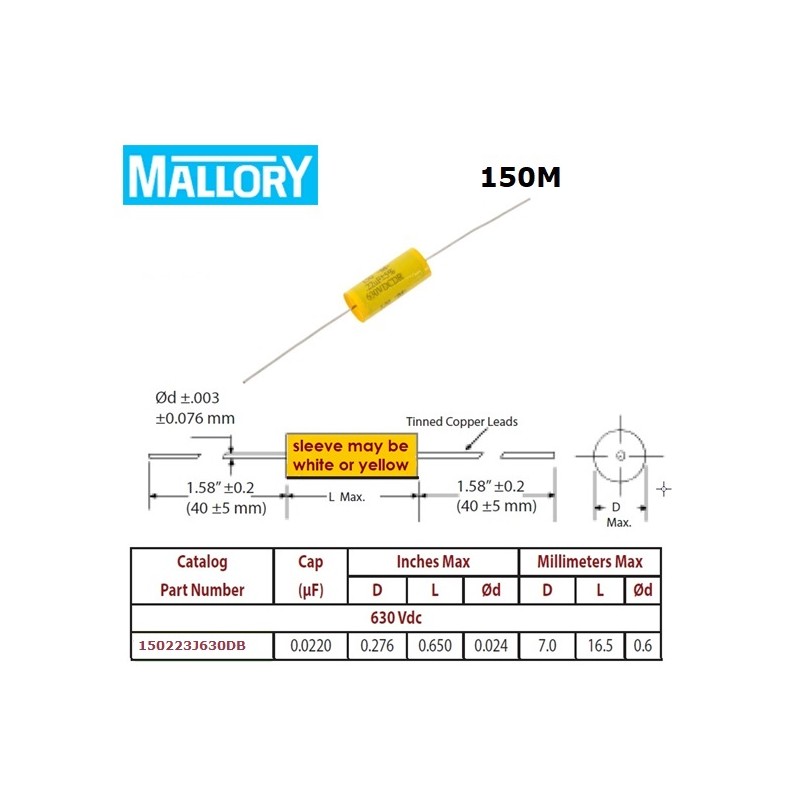 Mallory '150', 0,022uF/630V 5% condensatore poliestere assiale 150223J630DB