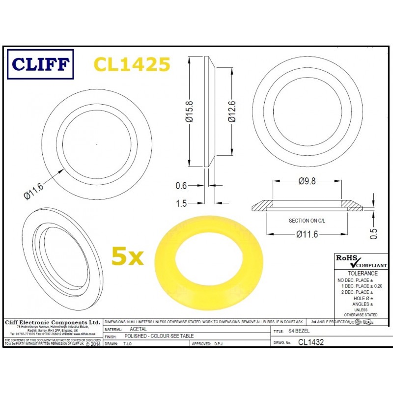 5x Cliff CL1425, rondella in plastica GIALLA per jack SCJ644 (BJ101, BJ124, BJ125)