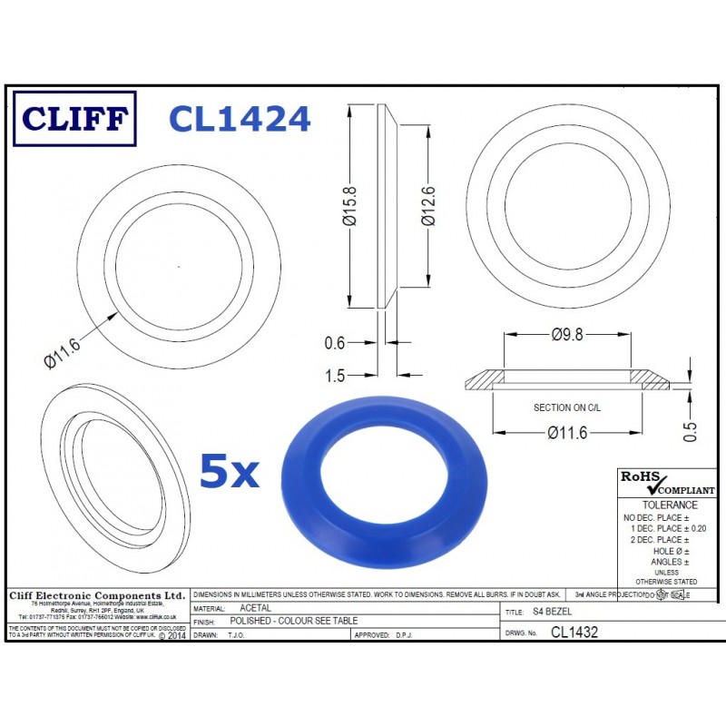 5x Cliff CL1424, rondella in plastica BLU per jack SCJ644 (BJ101, BJ124, BJ125)